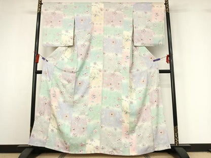 平和屋着物▽上質な小紋　単衣　更紗花鳥文　暈し染め　金彩　正絹　逸品　AABI4564jh
