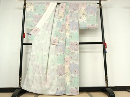 平和屋着物▽上質な小紋　単衣　更紗花鳥文　暈し染め　金彩　正絹　逸品　AABI4564jh
