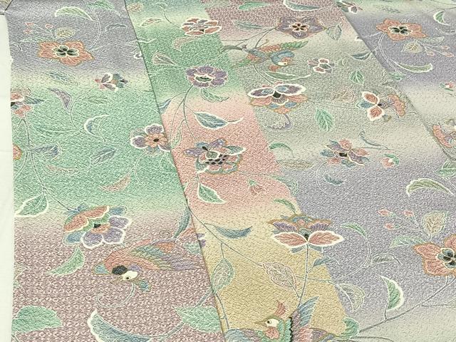 平和屋着物▽上質な小紋　単衣　更紗花鳥文　暈し染め　金彩　正絹　逸品　AABI4564jh