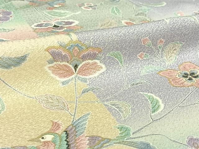 平和屋着物▽上質な小紋　単衣　更紗花鳥文　暈し染め　金彩　正絹　逸品　AABI4564jh