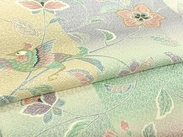 平和屋着物▽上質な小紋　単衣　更紗花鳥文　暈し染め　金彩　正絹　逸品　AABI4564jh