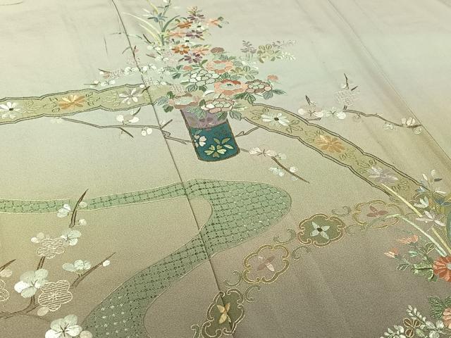平和屋着物▽中国三大刺繍　スワトウ刺繍　総刺繍　訪問着　単衣　枝花文　暈し染め　金糸　正絹　逸品　CAAW1572xi 平和屋本店□極上 中国三大刺繍 スワトウ刺繍 汕頭刺繍 総刺繍 訪問着