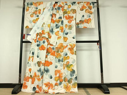 平和屋着物▽上質な小紋　単衣　手描き　草花文　暈し染め　正絹　逸品　AABI4576jh