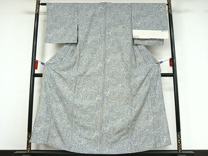 平和屋着物▽上質な小紋　単衣　切り嵌め更紗花文　反端付き　正絹　逸品　AABI4578jh