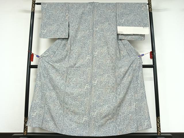 平和屋着物▽上質な小紋　単衣　切り嵌め更紗花文　反端付き　正絹　逸品　AABI4578jh