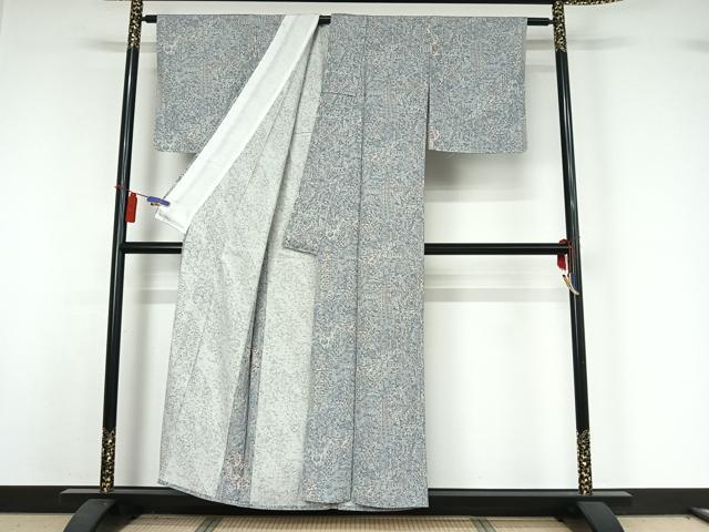 平和屋着物▽上質な小紋　単衣　切り嵌め更紗花文　反端付き　正絹　逸品　AABI4578jh