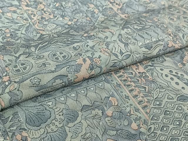 平和屋着物▽上質な小紋　単衣　切り嵌め更紗花文　反端付き　正絹　逸品　AABI4578jh