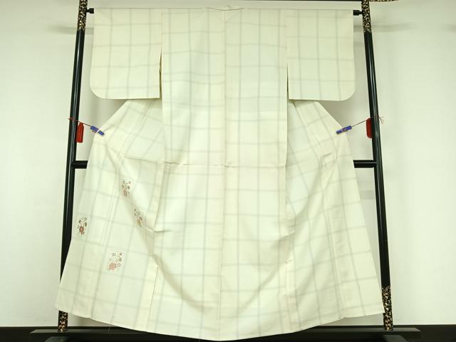 平和屋着物▽訪問着　単衣　紬地　刺繍　草花文　正絹　逸品　AABI4581jh