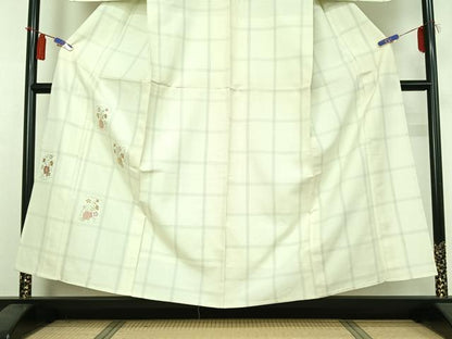 平和屋着物▽訪問着　単衣　紬地　刺繍　草花文　正絹　逸品　AABI4581jh