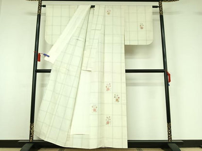 平和屋着物▽訪問着　単衣　紬地　刺繍　草花文　正絹　逸品　AABI4581jh
