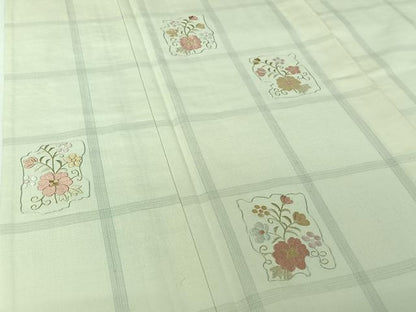 平和屋着物▽訪問着　単衣　紬地　刺繍　草花文　正絹　逸品　AABI4581jh
