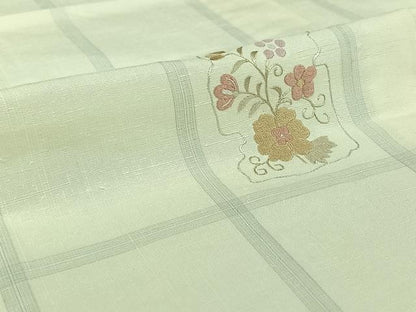 平和屋着物▽訪問着　単衣　紬地　刺繍　草花文　正絹　逸品　AABI4581jh