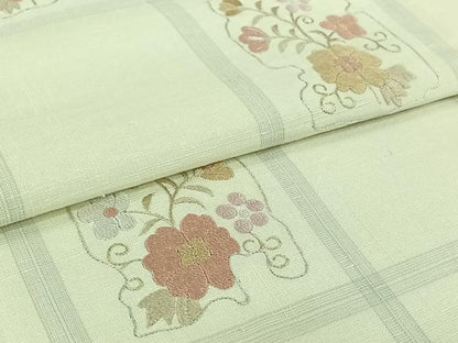 平和屋着物▽訪問着　単衣　紬地　刺繍　草花文　正絹　逸品　AABI4581jh