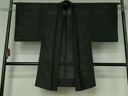 平和屋着物▽男性　長羽織　スリーシーズン　春夏秋　塵除け　暗黒色　黒地　正絹　逸品　AABI4582jh