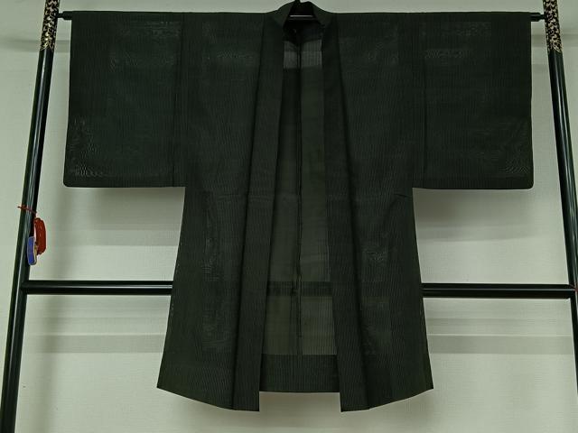 平和屋着物▽男性　長羽織　スリーシーズン　春夏秋　塵除け　暗黒色　黒地　正絹　逸品　AABI4582jh