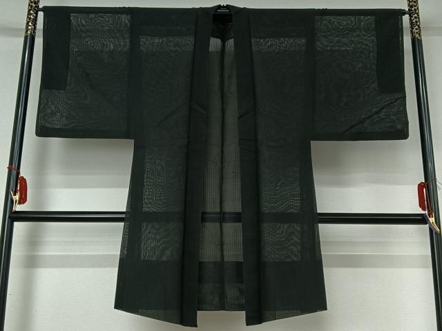 平和屋着物▽男性　長羽織　スリーシーズン　春夏秋　塵除け　暗黒色　黒地　正絹　逸品　AABI4583jh