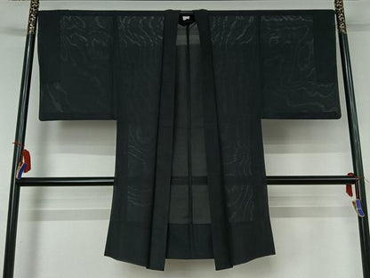平和屋着物▽男性　長羽織　スリーシーズン　春夏秋　塵除け　暗黒色　黒地　正絹　逸品　AABI4584jh