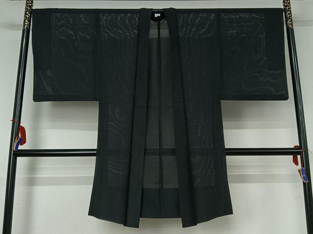 平和屋着物▽男性　長羽織　スリーシーズン　春夏秋　塵除け　暗黒色　黒地　正絹　逸品　AABI4584jh