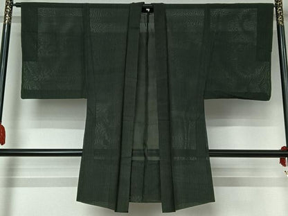 平和屋着物▽男性　長羽織　スリーシーズン　春夏秋　塵除け　縞　黒地　正絹　逸品　AABI4585jh