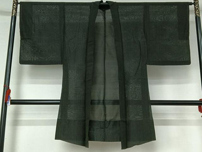 平和屋着物▽男性　長羽織　スリーシーズン　春夏秋　塵除け　縞　黒地　正絹　逸品　AABI4586jh