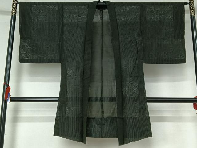 平和屋着物▽男性　長羽織　スリーシーズン　春夏秋　塵除け　縞　黒地　正絹　逸品　AABI4586jh