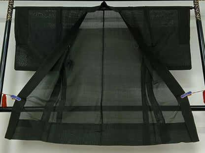 平和屋着物▽男性　長羽織　スリーシーズン　春夏秋　塵除け　縞　黒地　正絹　逸品　AABI4586jh