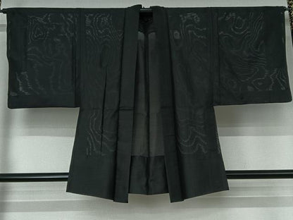 平和屋着物▽男性　黒紋付　羽織　スリーシーズン　春夏秋　塵除け　暗黒色　黒地　正絹　逸品　AABI4587jh