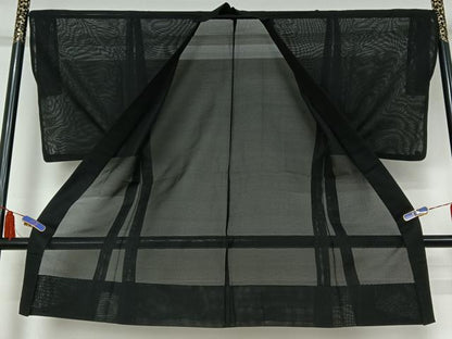 平和屋着物▽男性　長羽織　スリーシーズン　春夏秋　塵除け　暗黒色　黒地　正絹　逸品　AABI4588jh