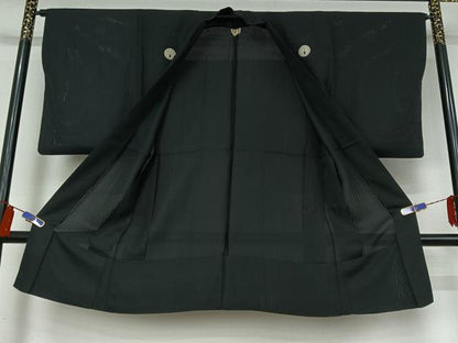 平和屋着物▽男性　黒紋付　長羽織　スリーシーズン　春夏秋　塵除け　暗黒色　黒地　正絹　逸品　AABI4589jh