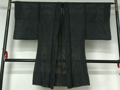 平和屋着物▽男性　長羽織　スリーシーズン　春夏秋　塵除け　暗黒色　黒地　正絹　逸品　AABI4596jh