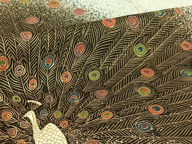 平和屋着物▽訪問着　単衣　孔雀羽文　たたき染め　金彩　正絹　逸品　AABI4597jh