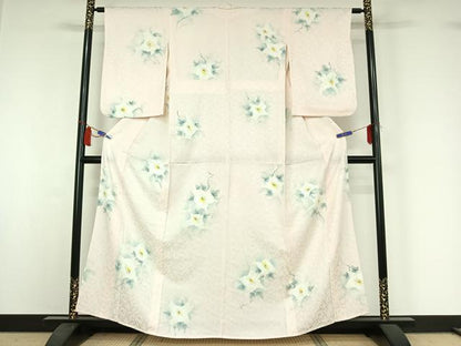 平和屋着物▽上質な小紋　単衣　手描き　草花文　正絹　逸品　AABI4599jh