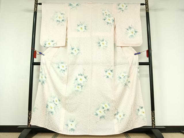 平和屋着物▽上質な小紋　単衣　手描き　草花文　正絹　逸品　AABI4599jh