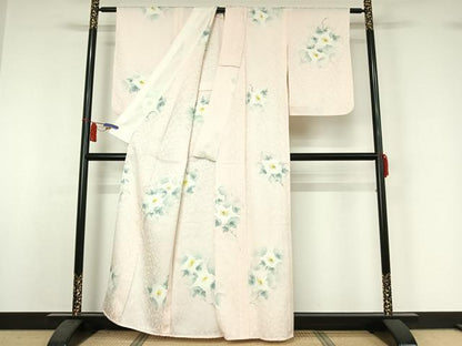 平和屋着物▽上質な小紋　単衣　手描き　草花文　正絹　逸品　AABI4599jh