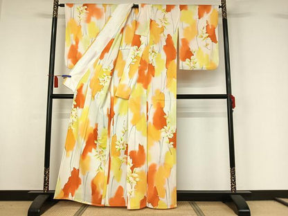 平和屋着物▽上質な小紋　単衣　草花文　暈し染め　正絹　逸品　AABI4602jh