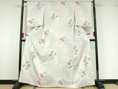 平和屋着物▽上質な小紋　単衣　草花文　暈し染め　正絹　逸品　AABI4606jh