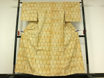 平和屋着物▽上質な紬　単衣　亀甲柄　正絹　逸品　AABI4615jh