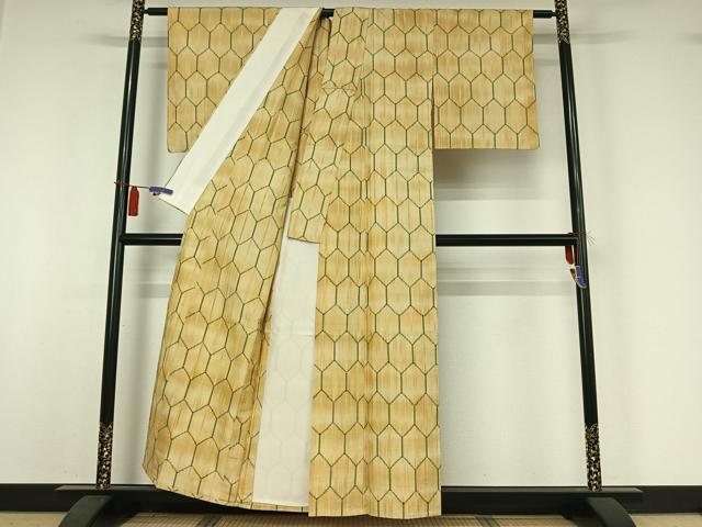 平和屋着物▽上質な紬　単衣　亀甲柄　正絹　逸品　AABI4615jh