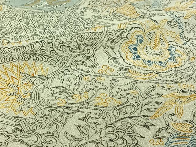 平和屋着物▽上質な小紋　単衣　更紗花文　鬼しぼ縮緬　正絹　逸品　AABI4617jh