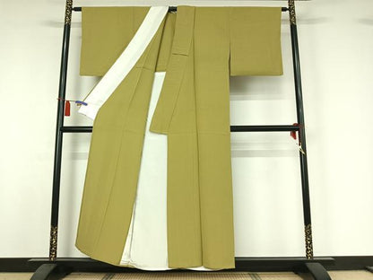 平和屋着物▽上質な色無地　単衣　抹茶色　正絹　逸品　AABI4618jh