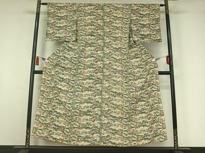 平和屋着物▽上質な小紋　単衣　型染め　雪輪風景花文　正絹　逸品　AABI4619jh