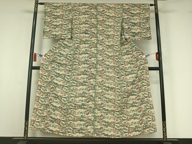 平和屋着物▽上質な小紋　単衣　型染め　雪輪風景花文　正絹　逸品　AABI4619jh