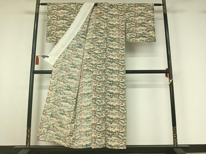 平和屋着物▽上質な小紋　単衣　型染め　雪輪風景花文　正絹　逸品　AABI4619jh