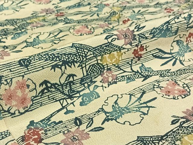 平和屋着物▽上質な小紋　単衣　型染め　雪輪風景花文　正絹　逸品　AABI4619jh