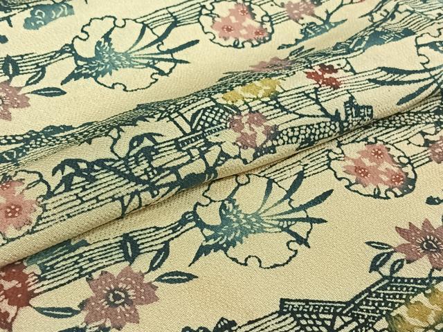 平和屋着物▽上質な小紋　単衣　型染め　雪輪風景花文　正絹　逸品　AABI4619jh
