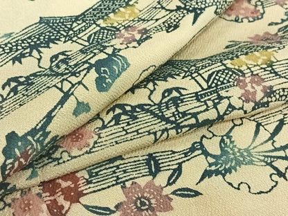 平和屋着物▽上質な小紋　単衣　型染め　雪輪風景花文　正絹　逸品　AABI4619jh