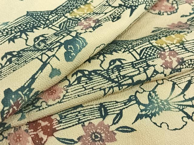 平和屋着物▽上質な小紋　単衣　型染め　雪輪風景花文　正絹　逸品　AABI4619jh