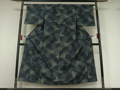 平和屋着物▽上質な紬　単衣　唐草文　黒地　正絹　逸品　AABI4622jh