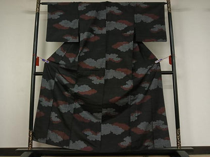平和屋着物▽上質な紬　単衣　雲取り文　黒地　正絹　逸品　AABI4627jh