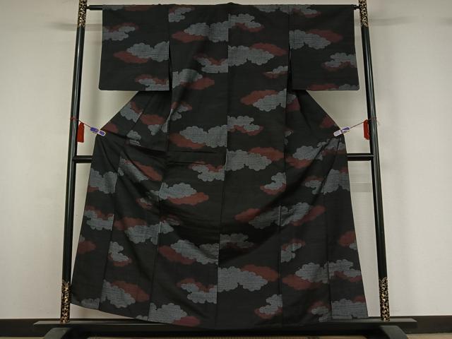 平和屋着物▽上質な紬　単衣　雲取り文　黒地　正絹　逸品　AABI4627jh